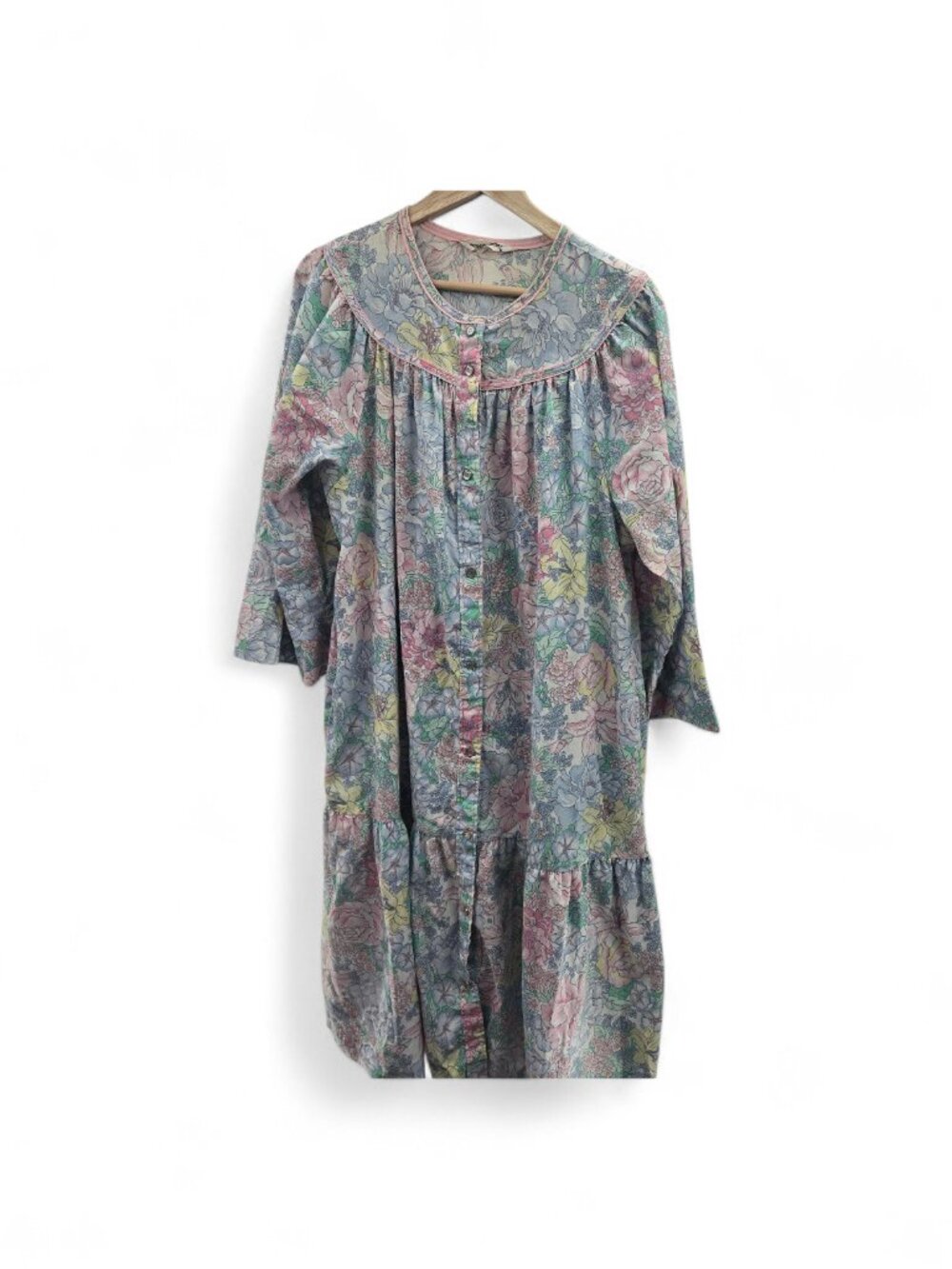 Vintage 80s Model's Coat Pastel Floral Prairie Cottagecore Midi House Dress